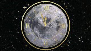 The moon superimposed on top a starry sky with a clock graphic covering it.