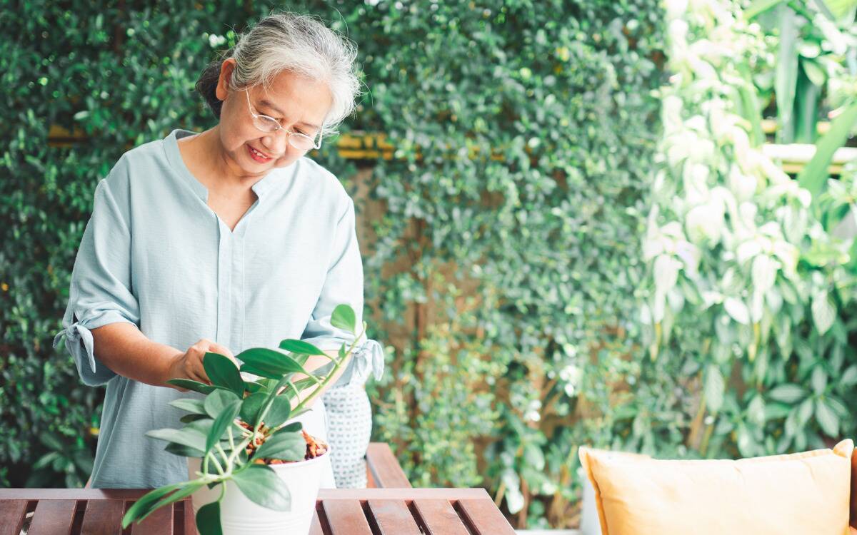A woman tending for a houseplant.