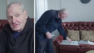 John being interviewed for the documentary. | John laying out his will and funeral plans on his couch.