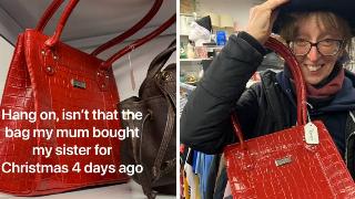 Two photos of the bag in question, one of it on the shelf and one of her mom holding it.