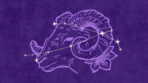 On a dark purple textured background is a light purple illustration of a ram's head. Atop that is an off-white 
graphic depicting the Aries constellation.