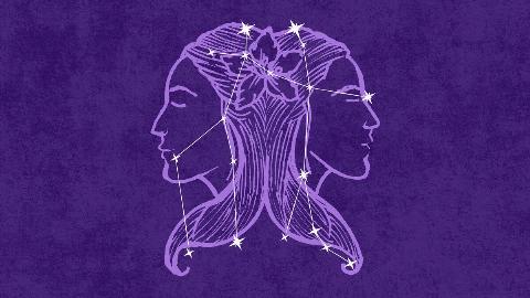  On a dark purple textured background is a light purple illustration of mirrored women's faces, representing twins.. Atop that is an off-white  graphic depicting the Gemini constellation.  