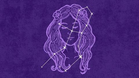  On a dark purple textured background is a light purple illustration of a woman with her eyes closed and flowers in her hair. Atop that is an off-white  graphic depicting the Virgo constellation.  