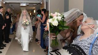 Elisabeth walking down the hospital hallway in her gown, the hall lined with guests, doctors, and wedding party members. | Elisabeth leaning down to kiss her bedridden father during her wedding, while the groom stands behind and watches them.