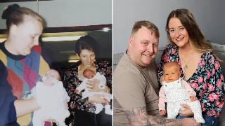 Jack's mom holding him and Bronwyn's mom holding her while they were both still being treated at the hospital. | Jack and Bronwyn both holding baby Sierra, smiling at the camera.