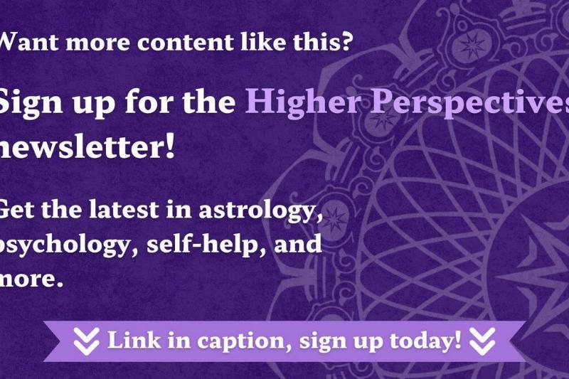 A purple textured background with a large, semi-transparent graphic of  Higher Perspective's mandala logo rising from the lower right corner. 
There's white text that reads, 