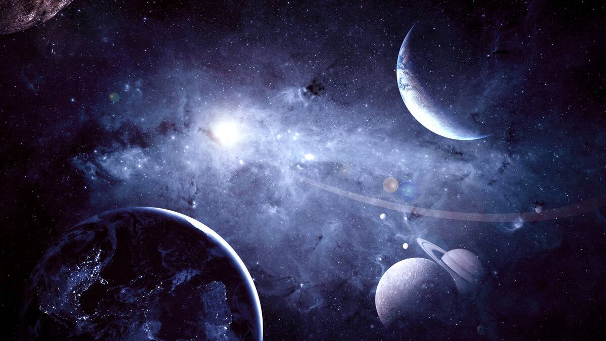 A render of some planets orbiting within their solar system.