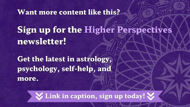 A purple textured background with a large, semi-transparent graphic of   Higher Perspective's mandala logo rising from the lower right corner. 
There's white text that reads, 