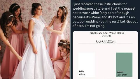 A bride standing in her dress as her bridesmaids help put on finishing touches. | The tweet in question, showing the image Nicole received in the invite.