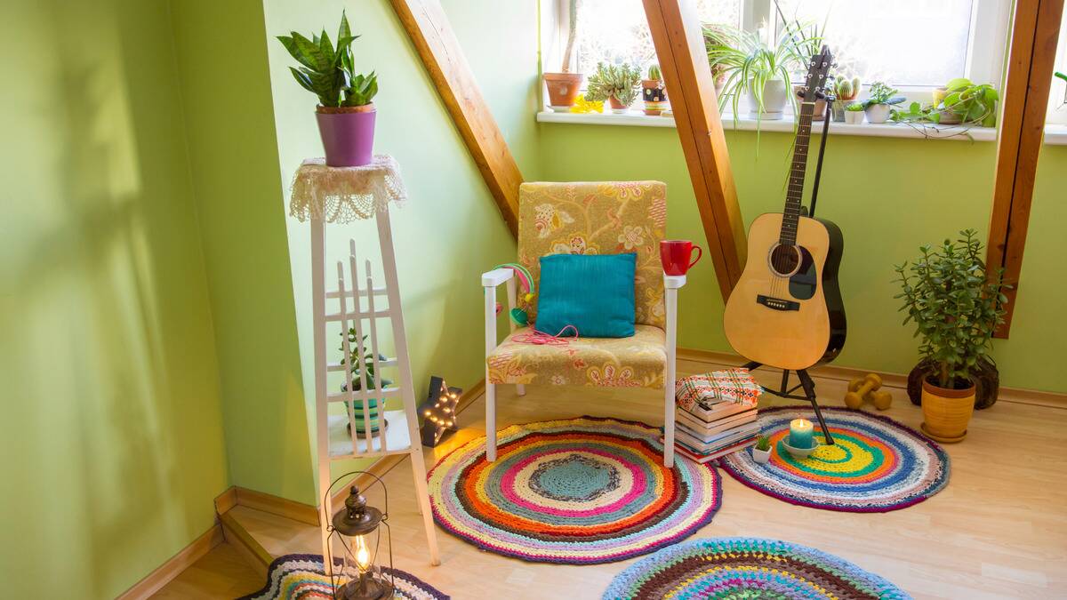 A room decorated with colorful, quirky decor and paint.