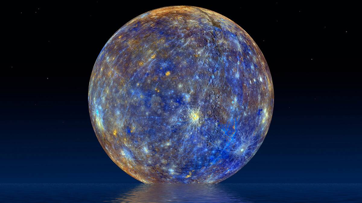 A render of a bright, blue Mercury, its reflection shimmering in the water.