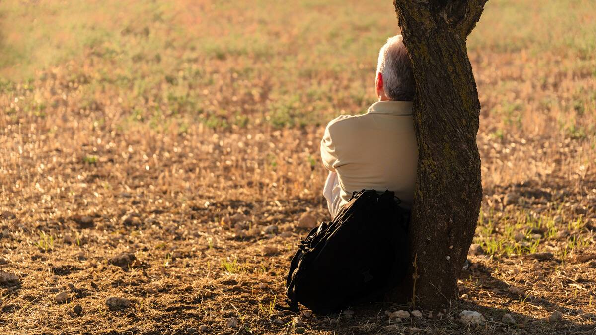 A man sitting at the base of a tree with his backpack.