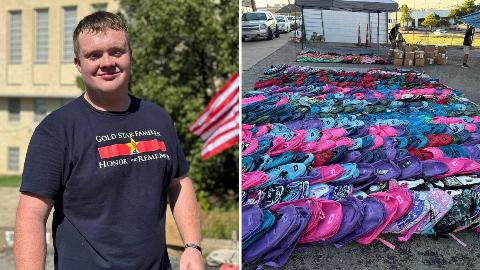 A photo of Reed Marcum smiling | Many of the backpacks they gave out laid out on the ground, ready to be distributed.