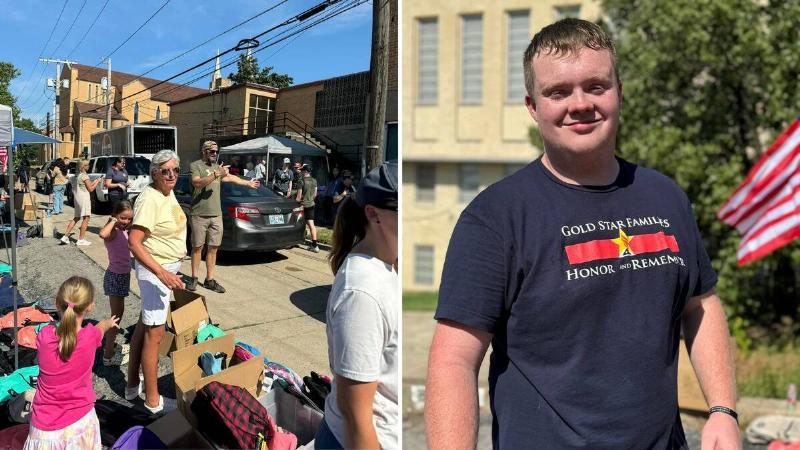 The crowd showing up at the backpack drive to pick up supplies. | A photo of Reed Marcum smiling.