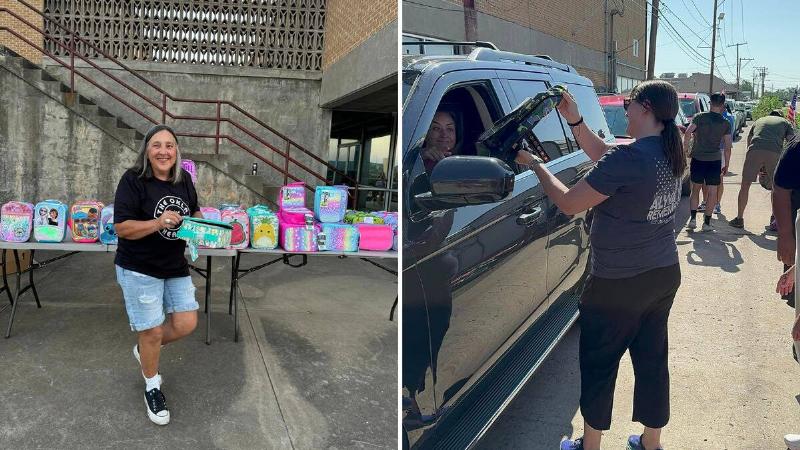 A woman grabbing one of the many kid's lunchboxes available. | A woman giving a mother a backpack through the open window of her car.