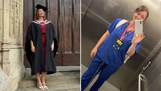 Dr. Bradford standing outside her university for one of her graduation photos. | Dr. Bradford taking a selfie in an elevator mirror in her work scrubs.