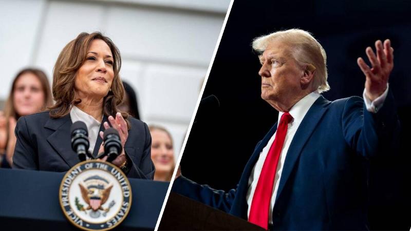 U.S. Vice President Kamala Harris speaks during an NCAA championship teams celebration on the South Lawn of the White House on July 22, 2024 in Washington, DC. | Republican Presidential nominee former President Donald Trump arrives at his campaign rally at the Bojangles Coliseum on July 24, 2024 in Charlotte, North Carolina.