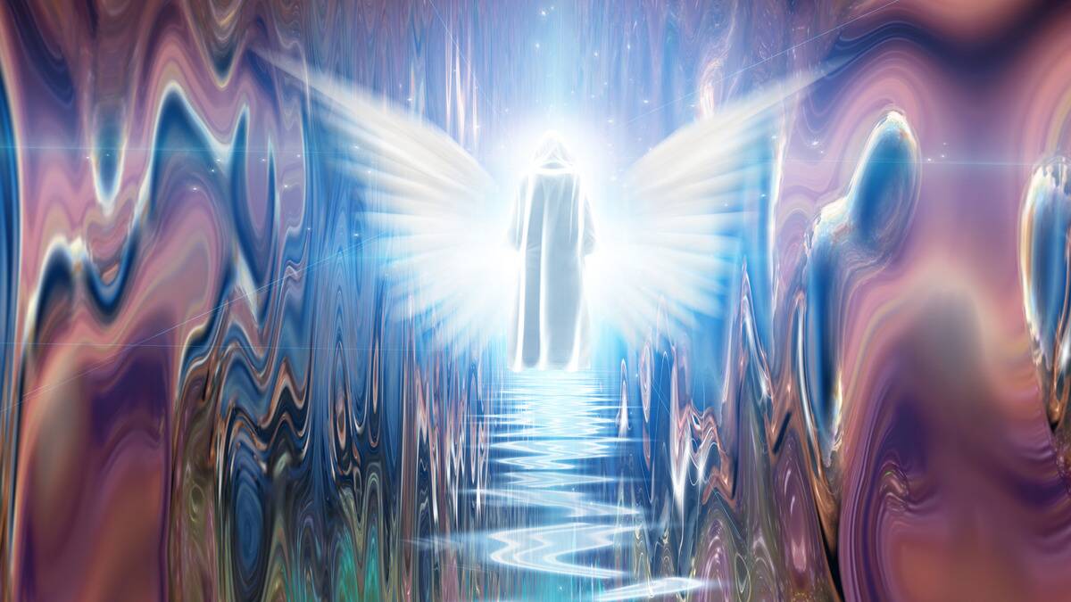 An artistic rendition of an angel in a white robe in a hallway of swirling lights and colors.