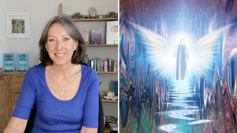 Poole at her desk, smiling for the camera. | An artistic rendition of an angel in a white robe in a hallway of swirling lights and colors.