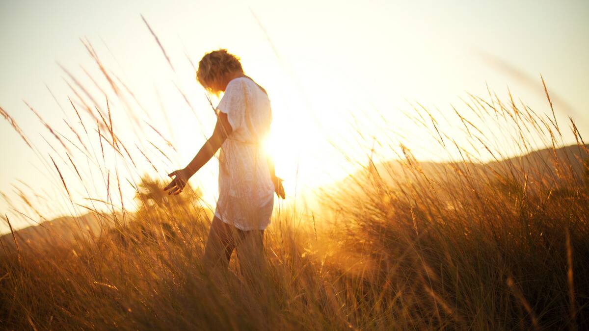 A woman standing amid tall grass, hands outstretched so she can touch it, the sun setting behind her, making the whole image gold.