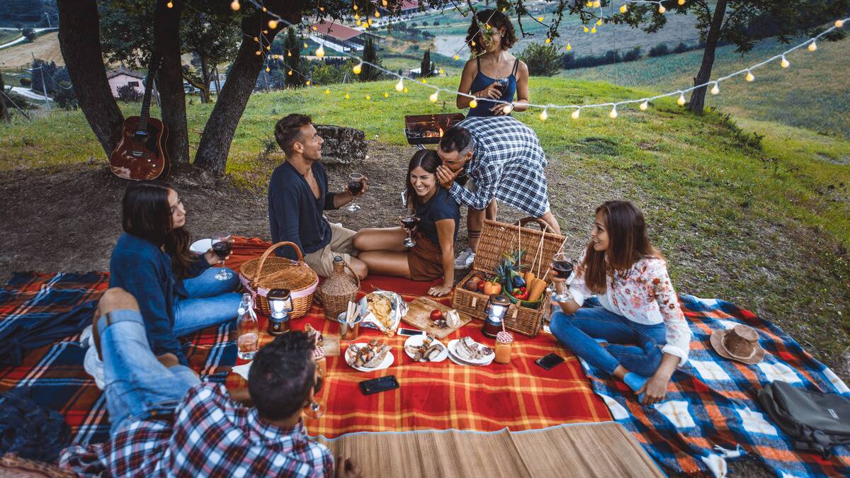 A group of friends all sitting around a picnic, smiling and chatting.