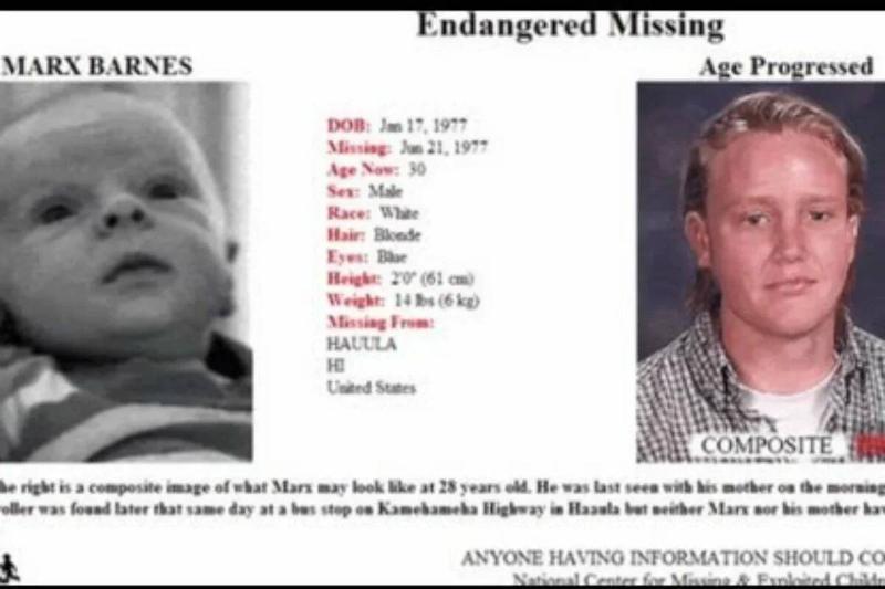 A screenshot of the MissingPeople.com listing featuring his old baby photo, information, and the composite image of him aged up.