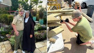 Starnes with Sister BJ in the pantry's garden, both smiling. | Starnes working on the tables outside with his team.