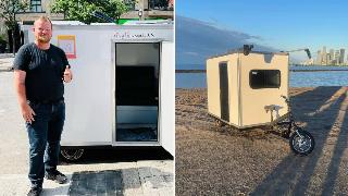 On the left is an image of Ryan standing in front of one of the Tiny Tiny Homes while it's parked on the street. On the right is an image of the Tiny Tiny Home on the beach, the city skyline visible in the distance.