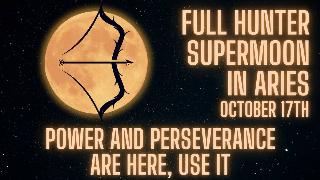 A glowing orange full moon with the silhouette of a bow and arrow overtop. There's also glowing orange text that reads, in all capitals, 