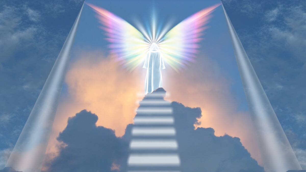 An artistic render of an angel made of light standing at the top of a set of stairs that extend into the sky.