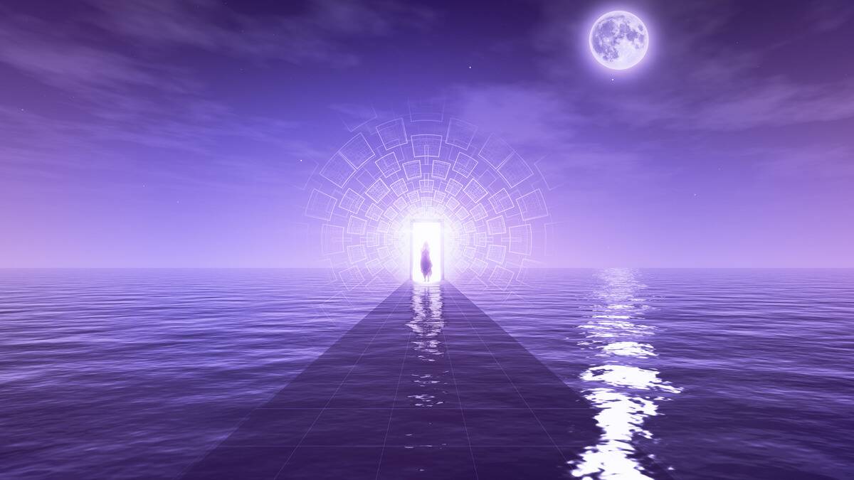 An artistic render of a pathway that extends into the sea, the water and sky both purple in color. We can see a human form walking through a door at the end of the path with an archway of square-shaped effects surrounding it. The air is very mystical.