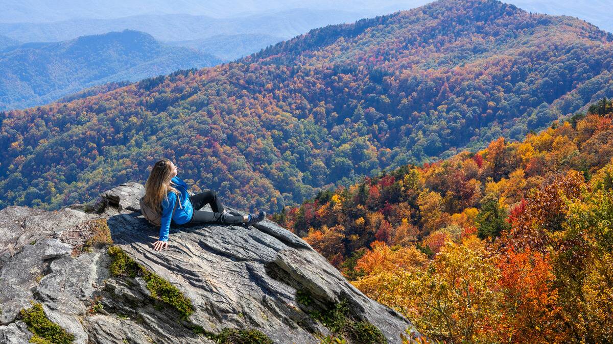 A woman sitting ona  rocky outcrop amidst a beautiful tree-covered hill range.