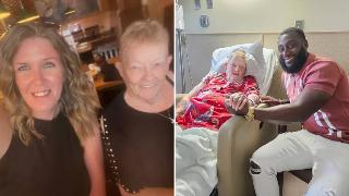 Kayla taking a selfie with her grandmother, Marie. | Marie and Raheem together, Marie in her hospital bed and Raheem sitting next to her, holding her hand.