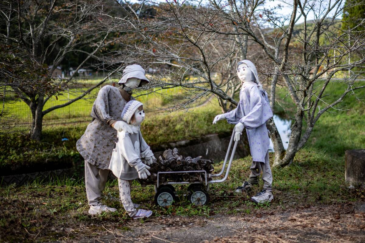 This photo taken on October 20, 2024 shows puppets in the village of Ichinono, one of the 