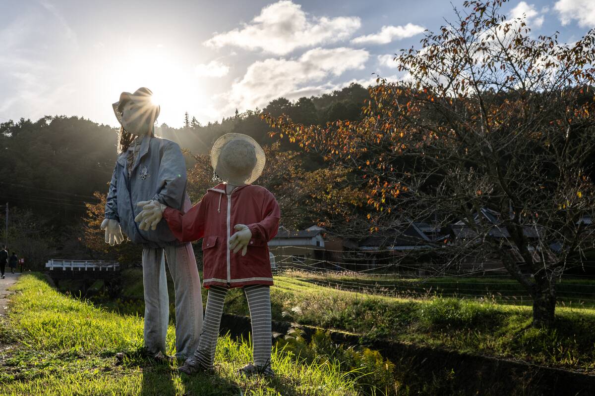 This photo taken on October 20, 2024 shows puppets in the village of Ichinono, one of the 