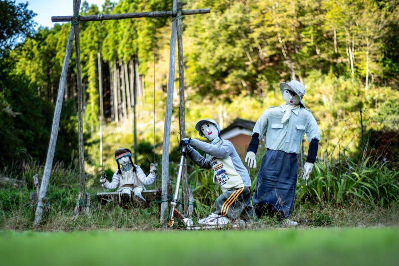 This photo taken on October 21, 2024 shows puppets in the village of Ichinono, one of the 