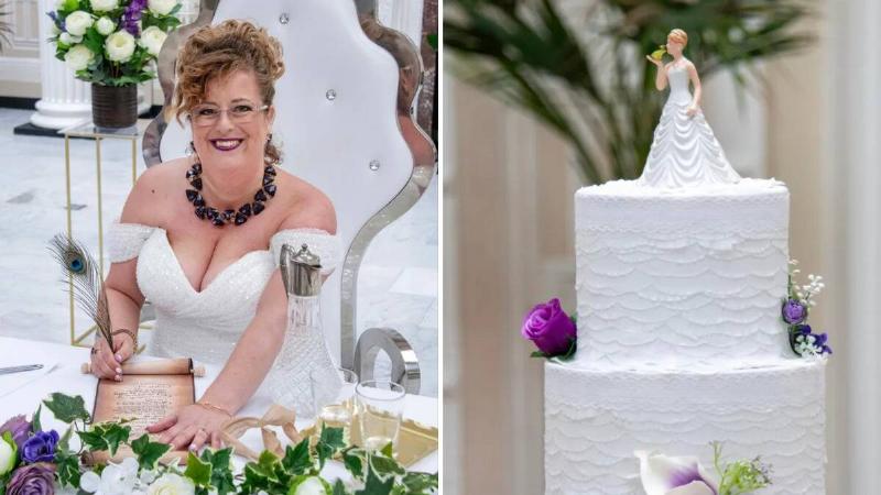 Left: Wilkinson signing a fake marriage certificate on her wedding day, smiling at the camera. Right: Wilkinson's cake, the focus on the figurine of a bride kissing a frog.