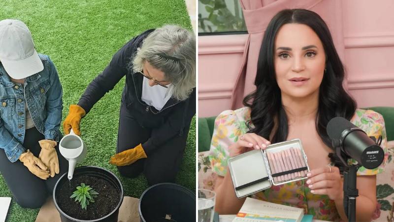 Left: Rosanna and her mother watering the marijuana plant being grown with her father's ashes. Right: Rosanna showing off the case of pink joints that were made with the marijuana grown with her father's ashes.