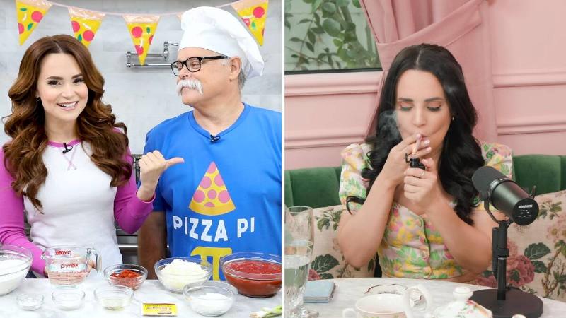 Left: Rosanna with her dad during an episode, pointing a thumb in his direction. Right: Rosanna smoking one of the joints using marijuana grown with her father's ashes.