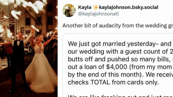 A just-married couple walking beneath rows of sparklers held up by their wedding guests. | A Tweet that reads, 