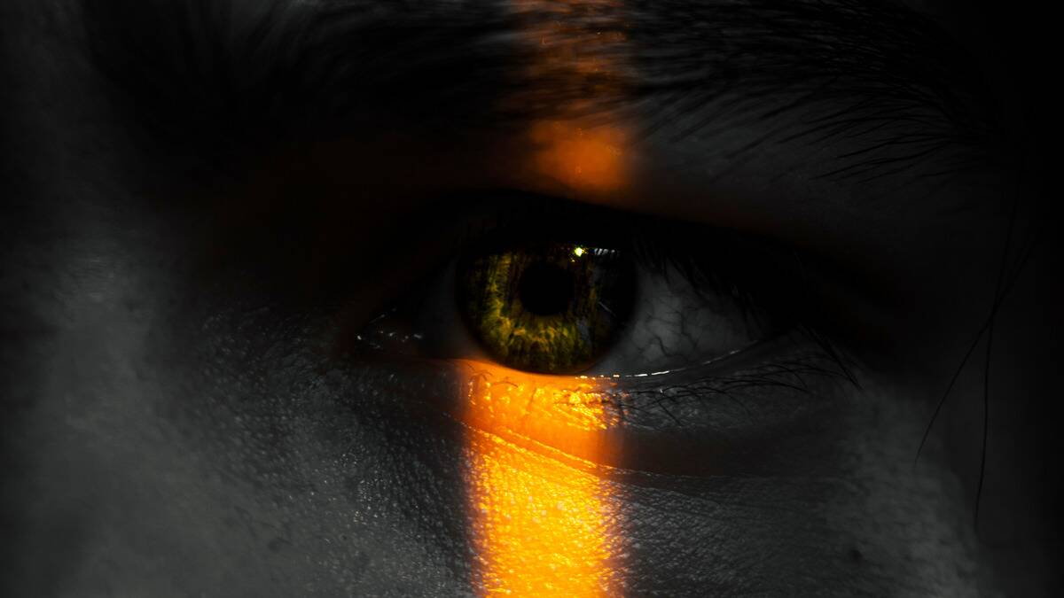 A closeup of an eye with a beam of sunlight shining right down the iris.