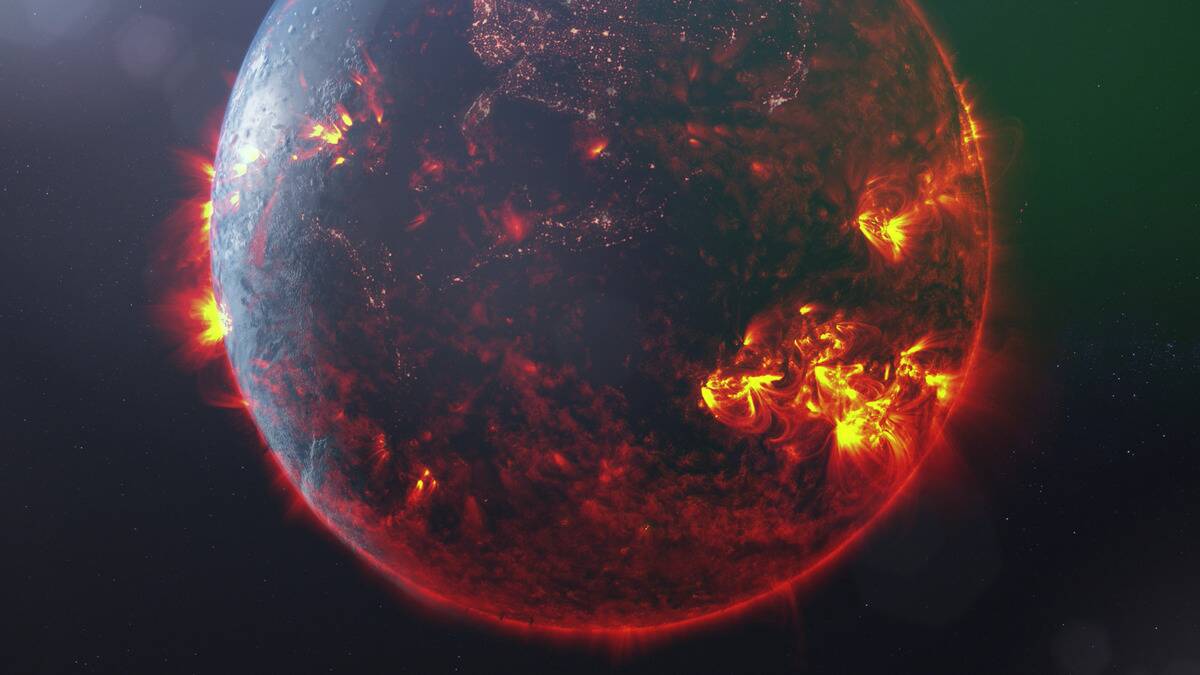 A render of planet Earth plunged into darkness with large solar flares appearing all over.