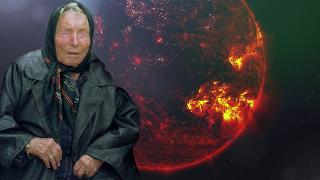 Baba Vanga sitting up, superimposed atop an image of a render of planet Earth plunged into darkness with large solar flares appearing all over.