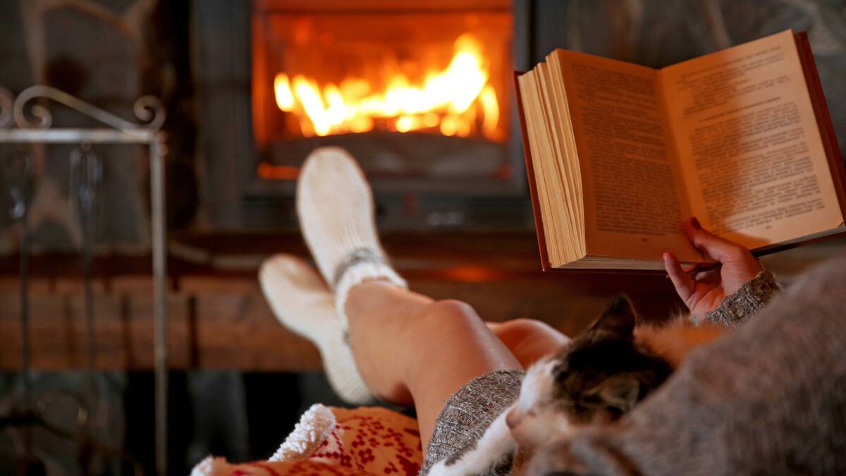 An over-the-shoulder shot of someone reading in front of a fire place, feet kicked up, a cat in their lap.