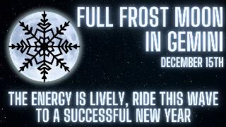 A glowing ice blue full moon against a starry backdrop with the silhouette of a snowflake overtop it. There's glowing text in all caps that reads, 