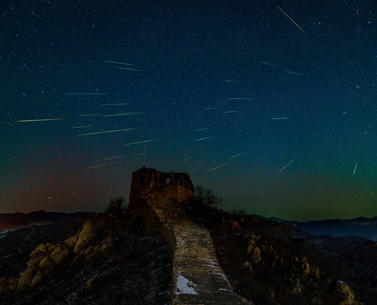 The Geminid meteor shower is seen in DAZHUANGKE Great Wall in Beijing, China, Dec. 13, 2020.