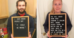 man and woman hold text signs