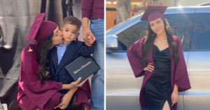 split picture of Odalis in her graduation gown kissing her son on the left and posing on the right