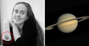 Adele with staturn tattoo on the left And Saturn planet on the right