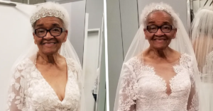 94 year old woman split image of her trying one wedding gowns